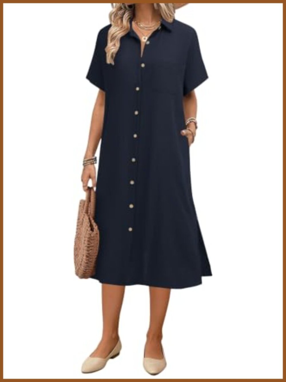 Linen Blend Button Down Midi Shirt Dress Collared Short Sleeve Casual Beach